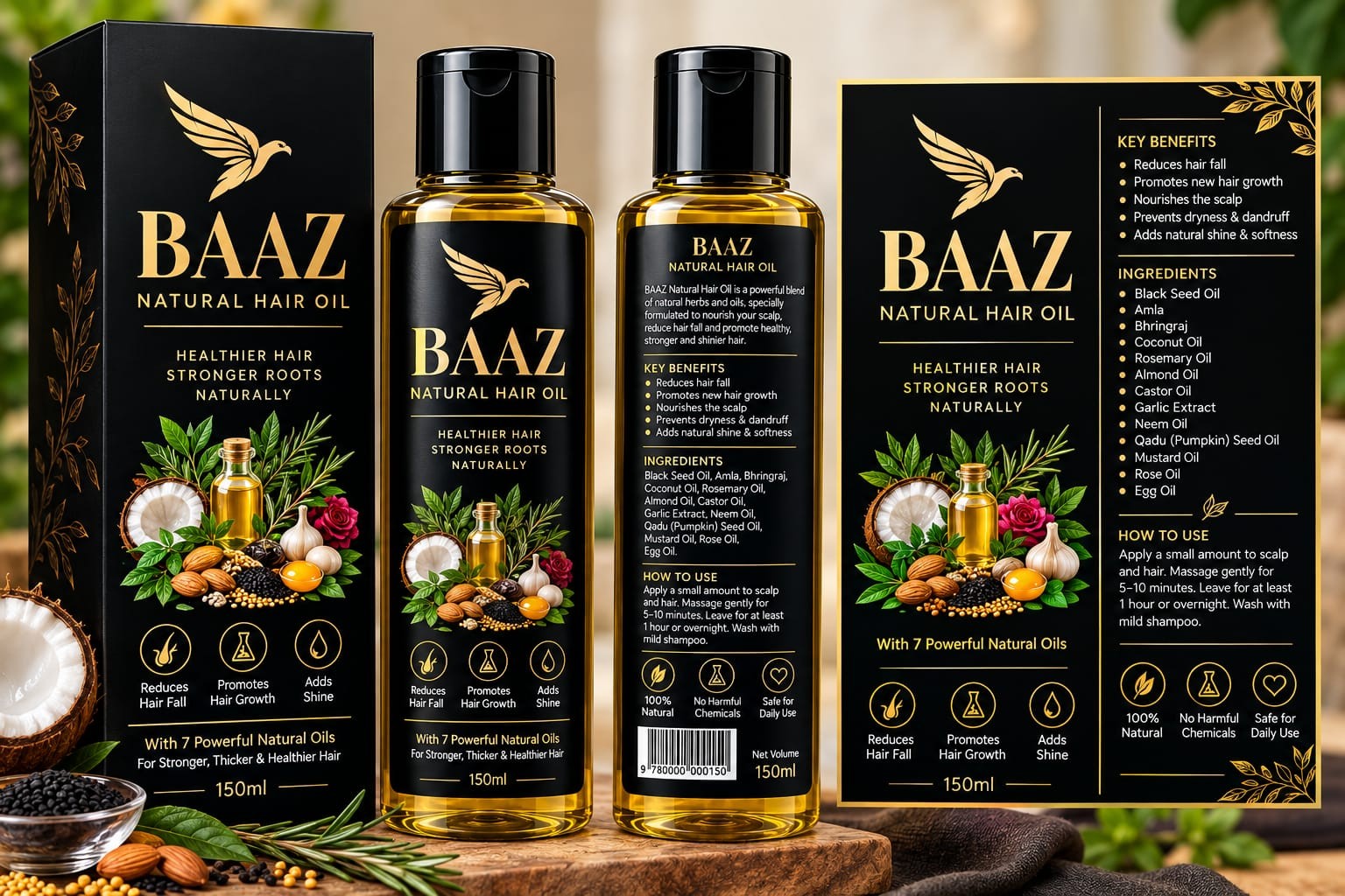 BAAZ Natural Hair Oil — box, bottles and label